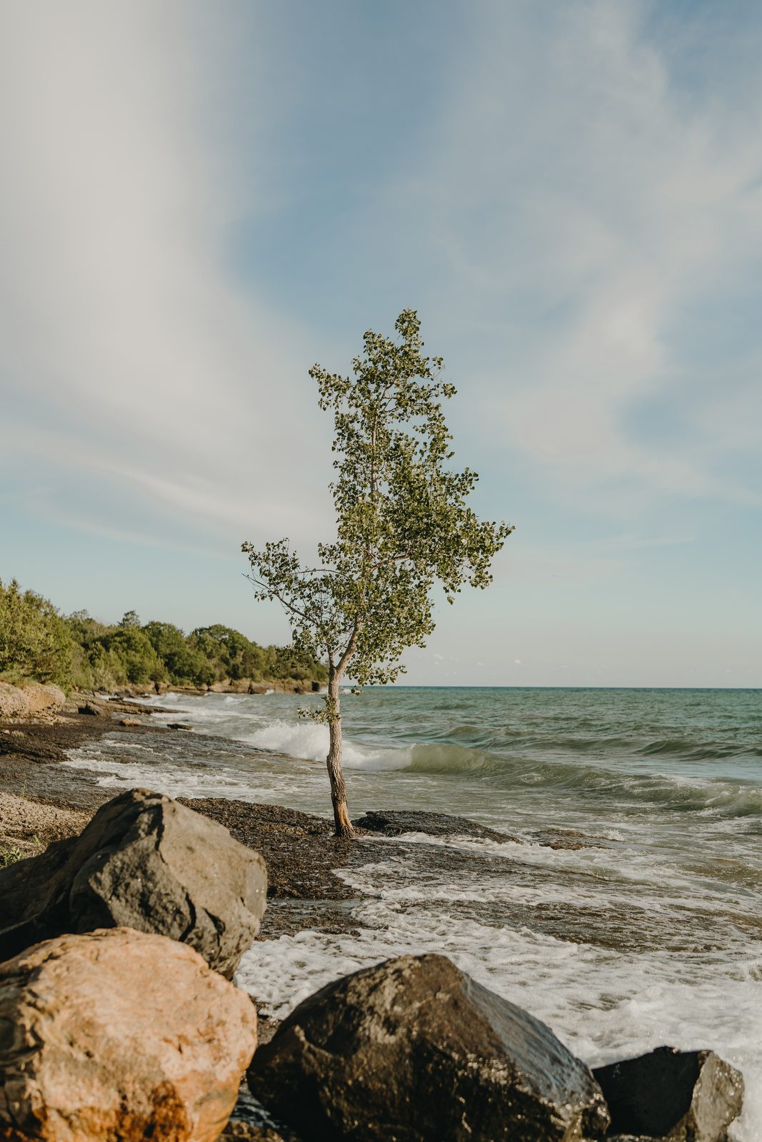 Golden-hour engagement portrait on the Point Petre shoreline in Prince Edward County