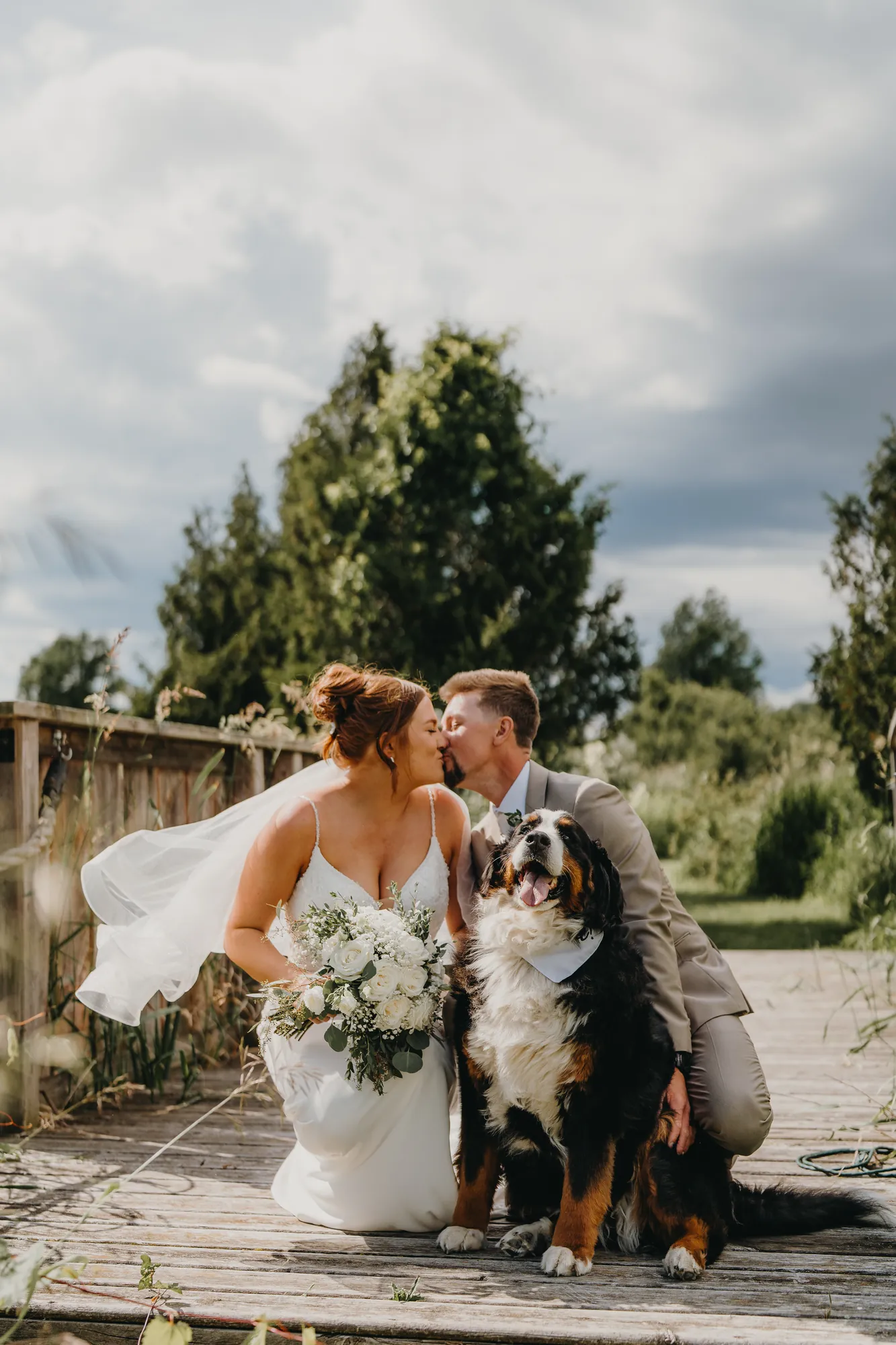 Bride and groom portrait with their Bernese mountain dog on the dock