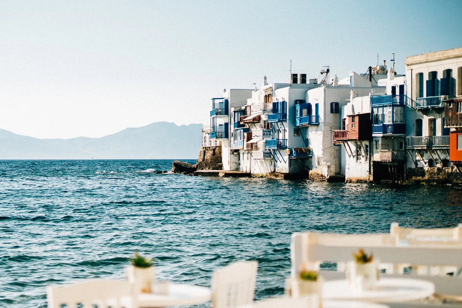 Whitewashed waterfront buildings of Little Venice in Mykonos, Greece